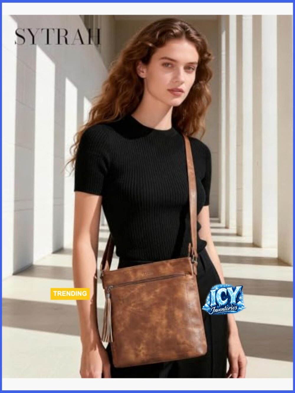 Vegan Leather Crossbody Bag with Tassel Adjustable Shoulder Purse - Picture 3 of 7